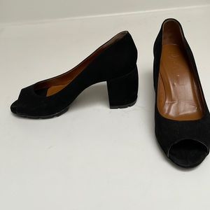 Black suede open toe heels